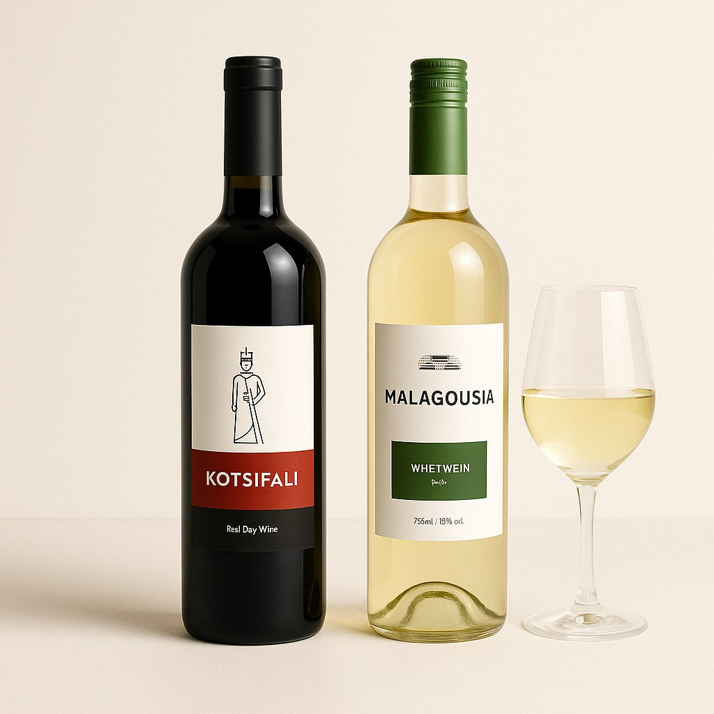 Eine Flasche Rotwein Kotsifali und eine Flasche Weißwein Malagousia, daneben ein gefülltes Weinglas.