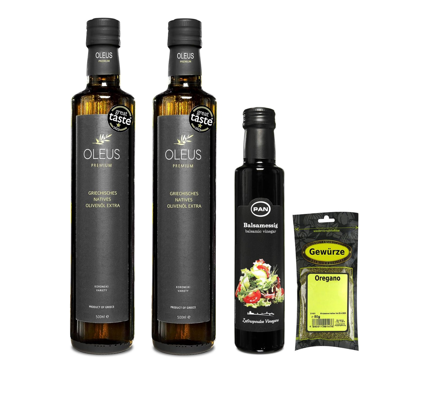 Oleus griechisches extra natives Olivenöl 2x500ml + Balsamico + Oregano - Vorbestellung: Frisches Olivenöl in 1-3 Wochen geliefert