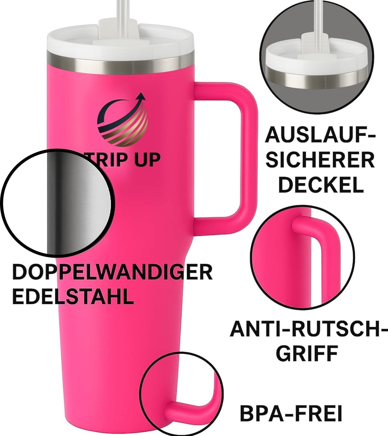 Trip Up Thermobecher Edelstahl, BPA-frei, Spülmaschinenfest, Auslaufsicher 40oz (Nova Pink)