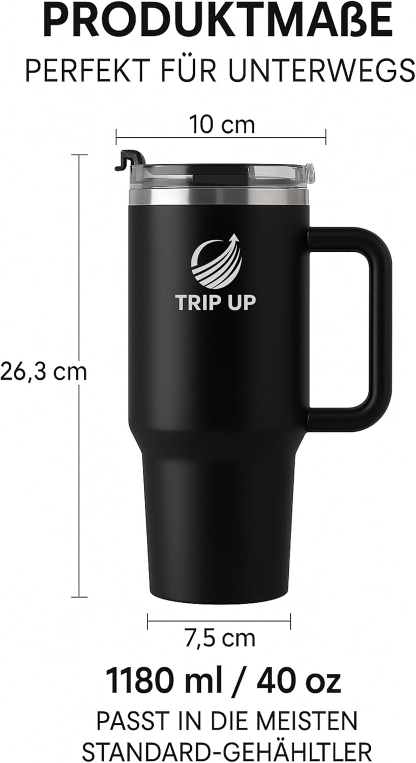 Trip Up Thermobecher Edelstahl, BPA-frei, Spülmaschinenfest, Auslaufsicher 40oz (Jet Black)
