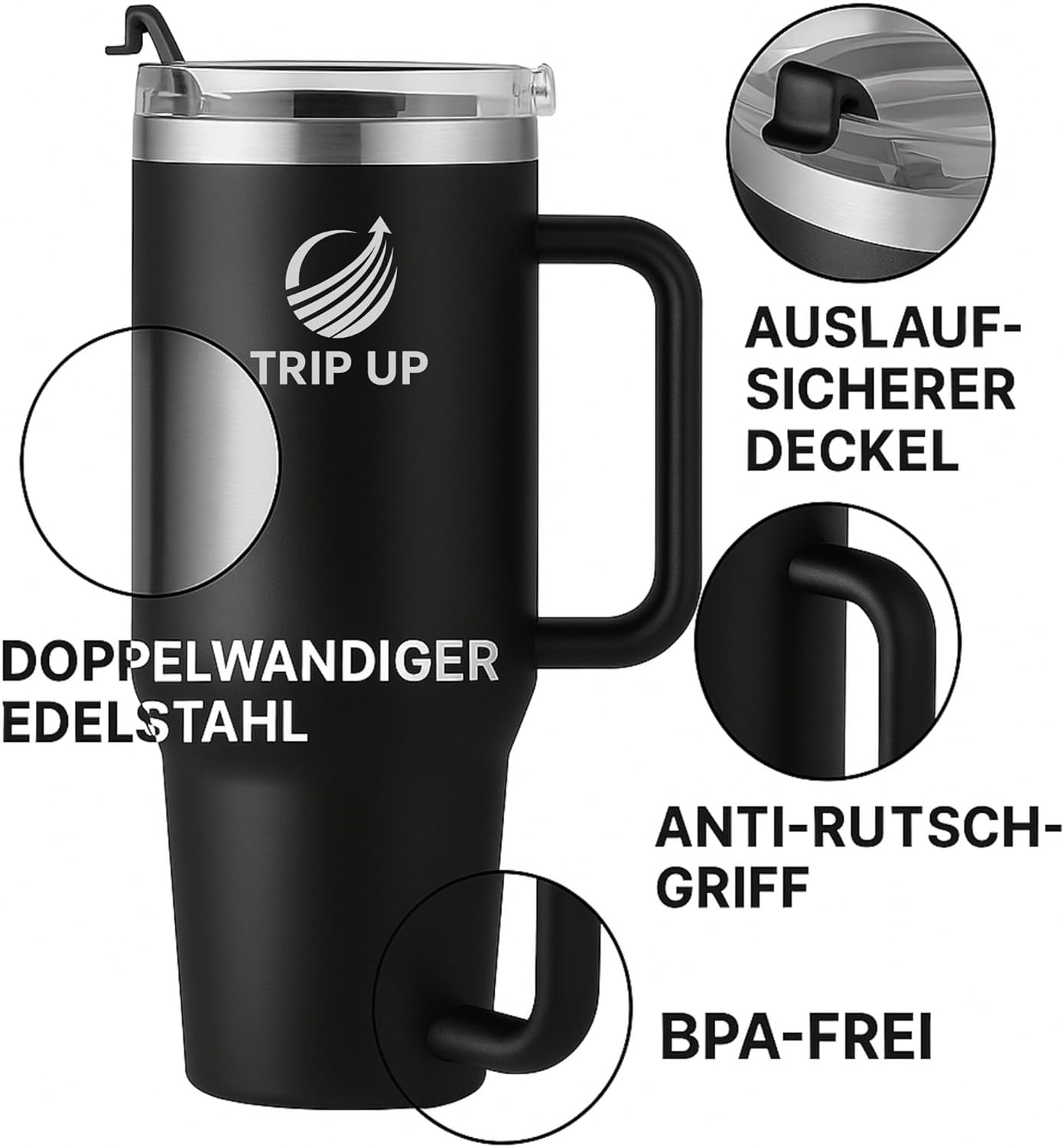 Trip Up Thermobecher Edelstahl, BPA-frei, Spülmaschinenfest, Auslaufsicher 40oz (Jet Black)