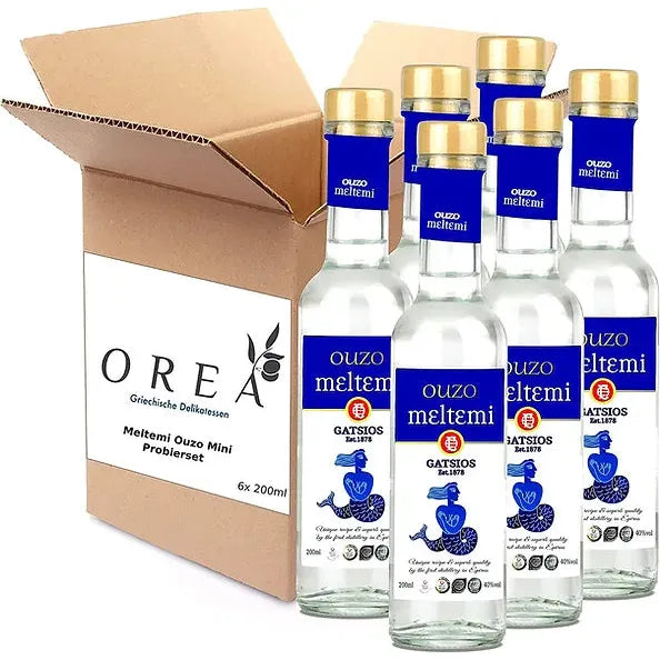 Meltemi Ouzo Gatsios Probierset | Geschenkset 6x 200ml mit Anis + Geschenkbox, Präsentkorb
