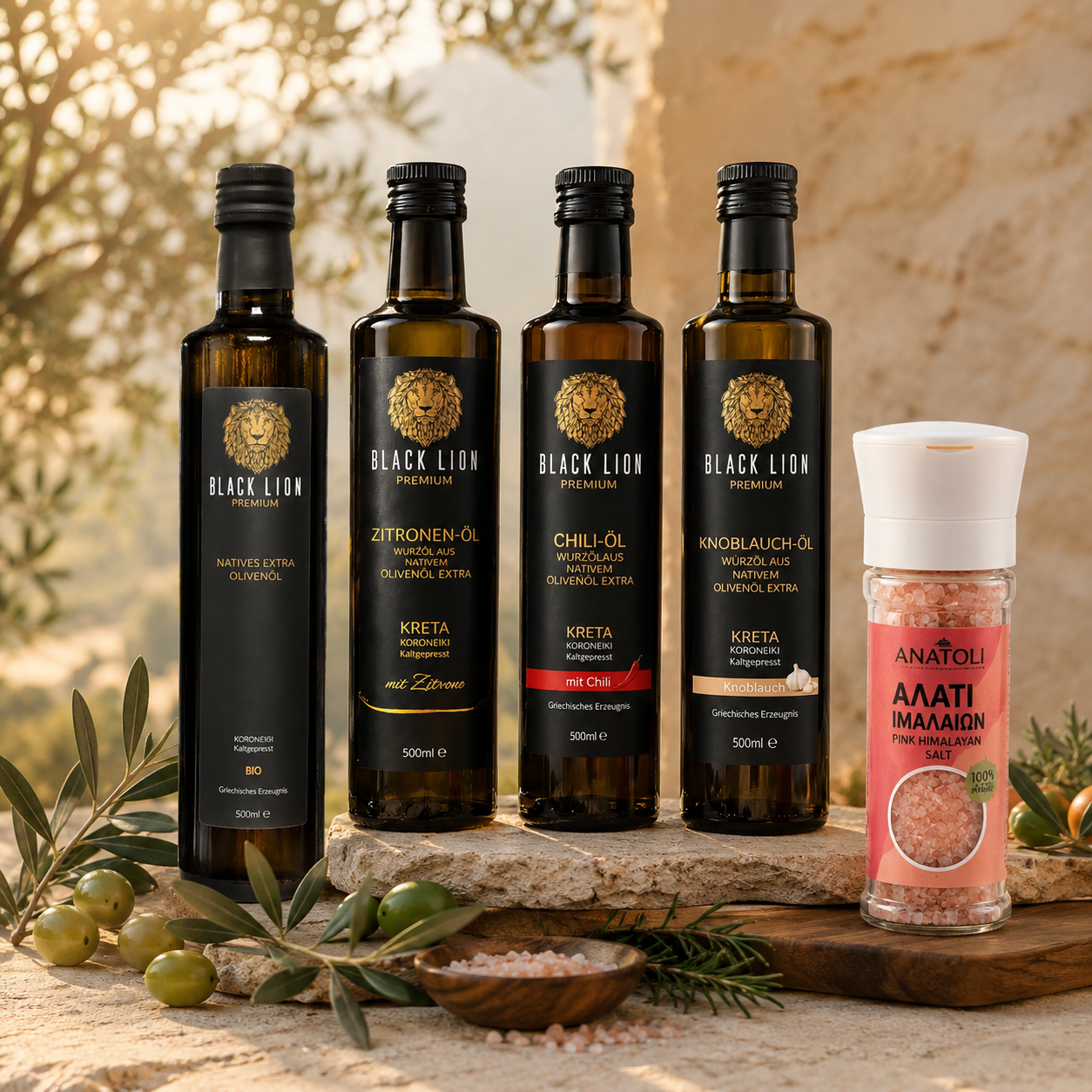 Black Lion Premium Genuss-Set – 4x 500 ml Olivenöl + Salz- Pfeffermühlemühle gratis