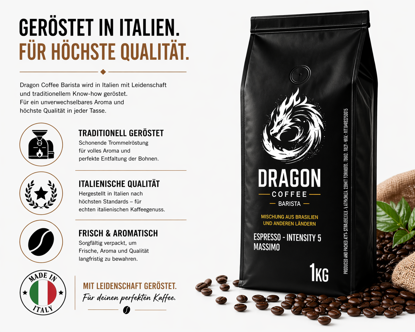 Dragon Coffee Barista Espresso Bohnen 1kg – Intensität 5 – 70% Robusta – Für Siebträger & Vollautomat