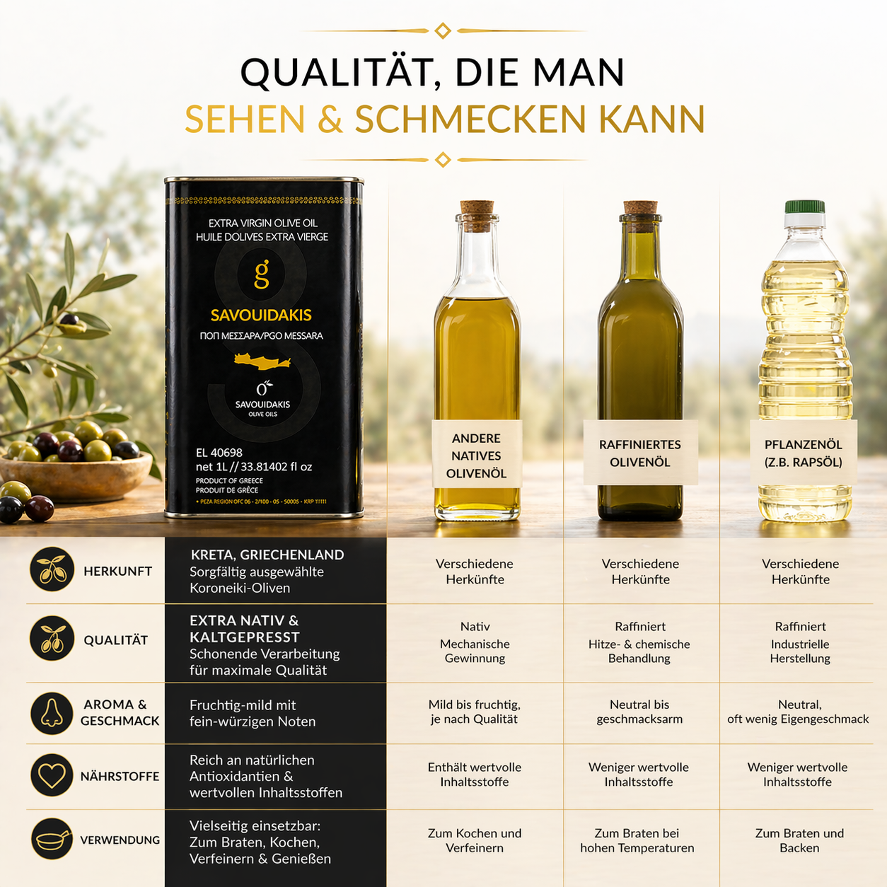 Golden Creta, natives Olivenöl extra aus Kreta 1 Liter Kanister, frische Ernte