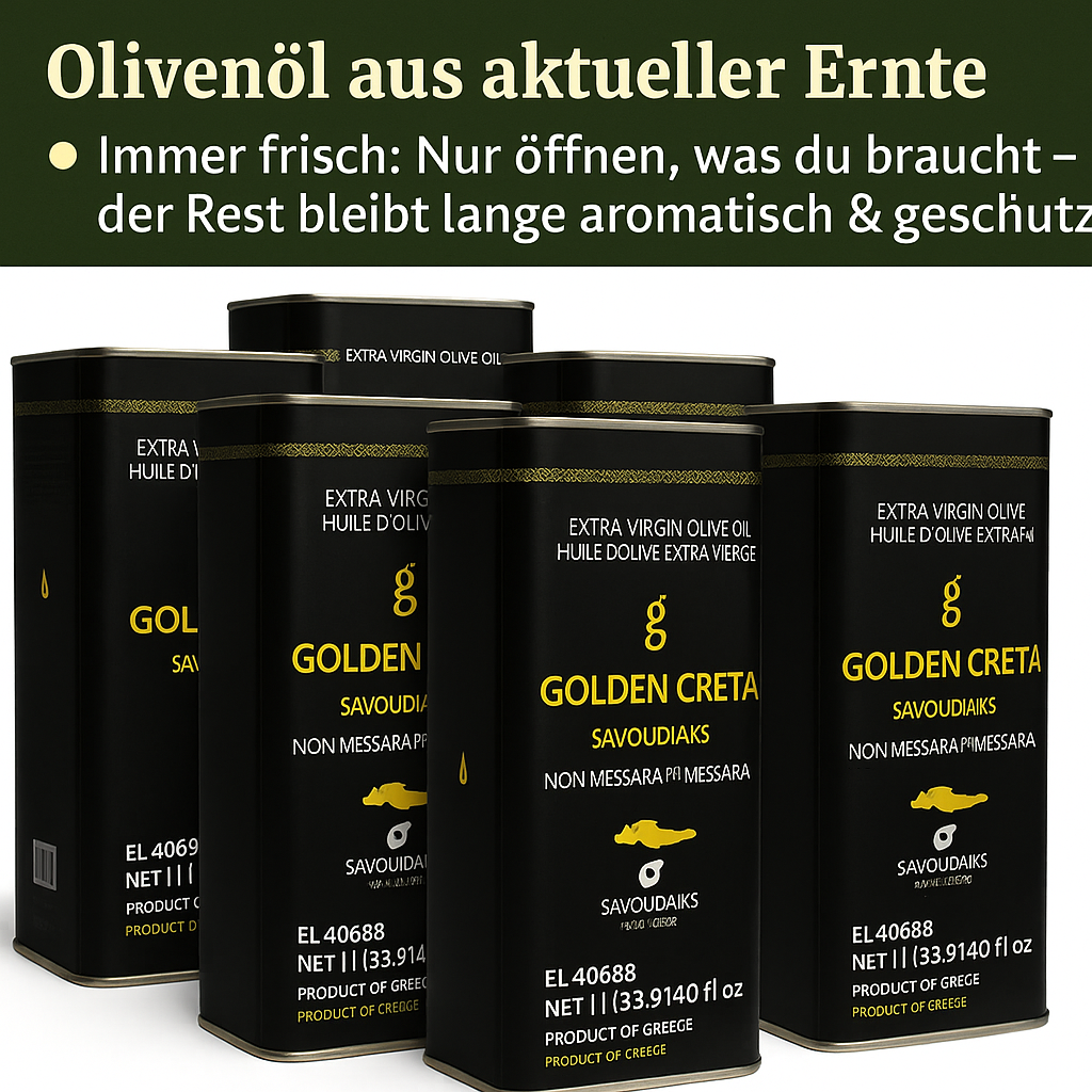 Golden Creta, natives Olivenöl extra aus Kreta 6x1 Liter Kanister - frische Ernte