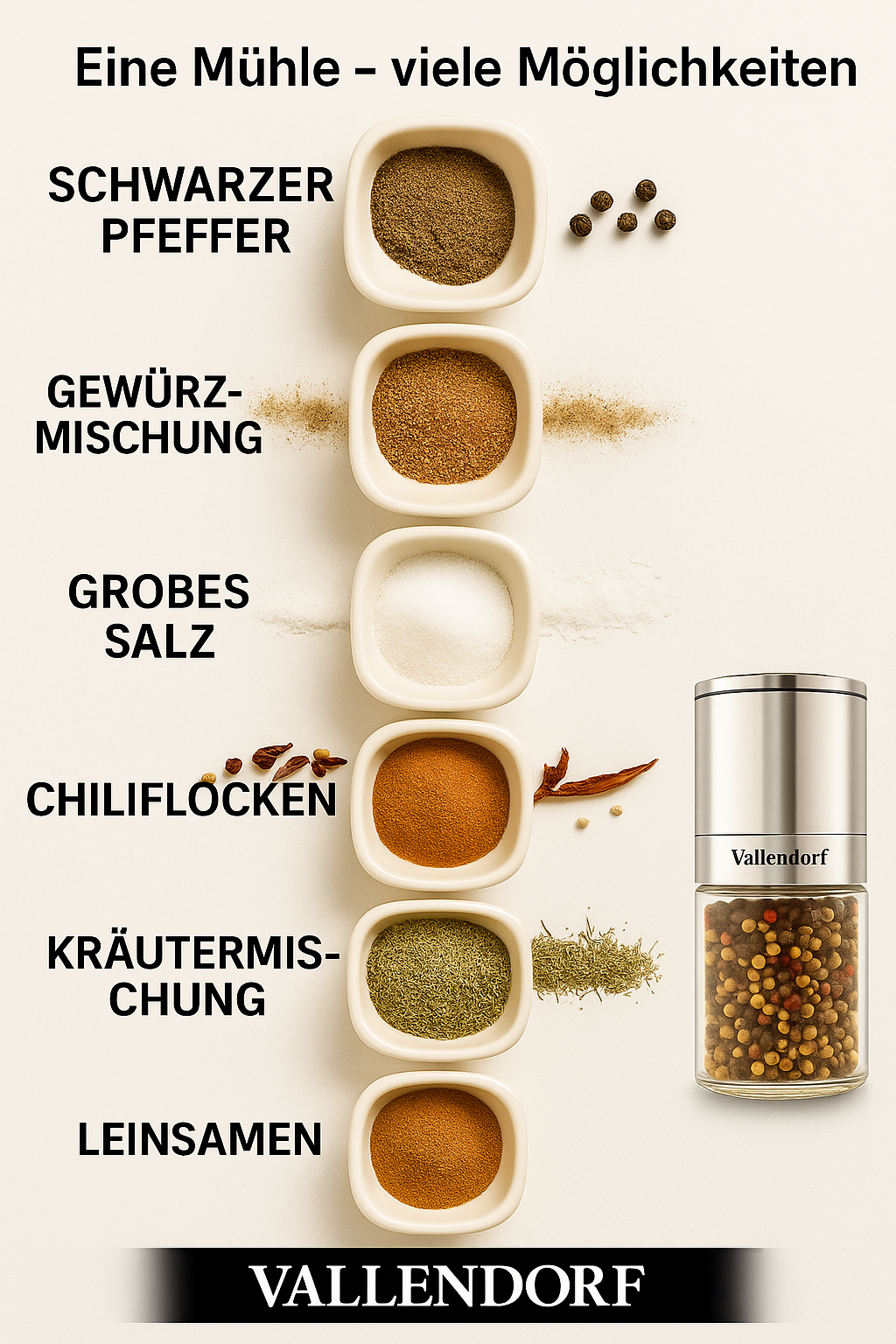 Vallendorf -Salz- & Pfeffermühle im Set – 2in1 Edelstahl Gewürzmühlen mit Keramikmahlwerk, stufenlos & nachfüllbar – Hochwertiges Geschenk