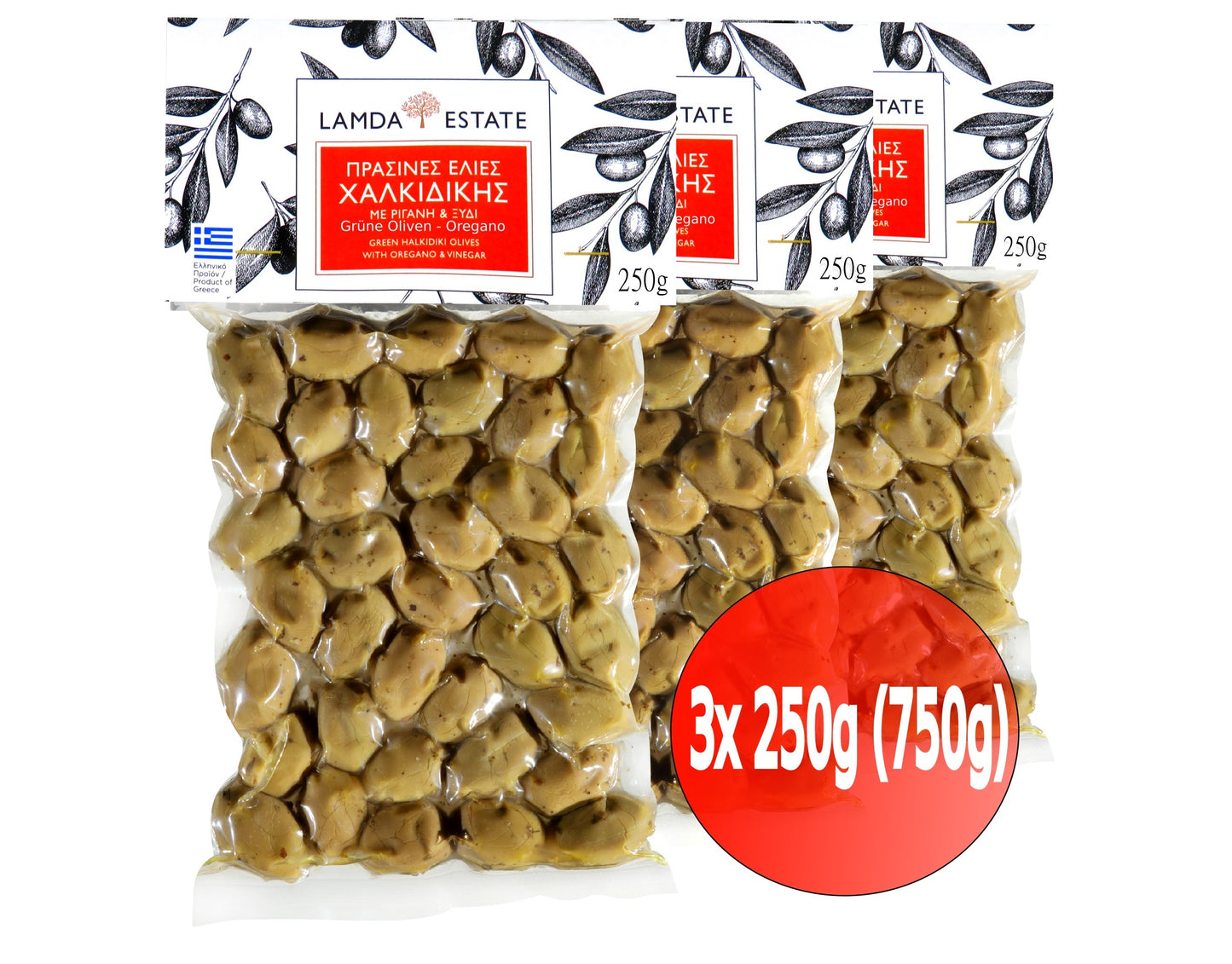Lamda Estate - grüne griechische Oliven mit Oregano 3x250g (750g)