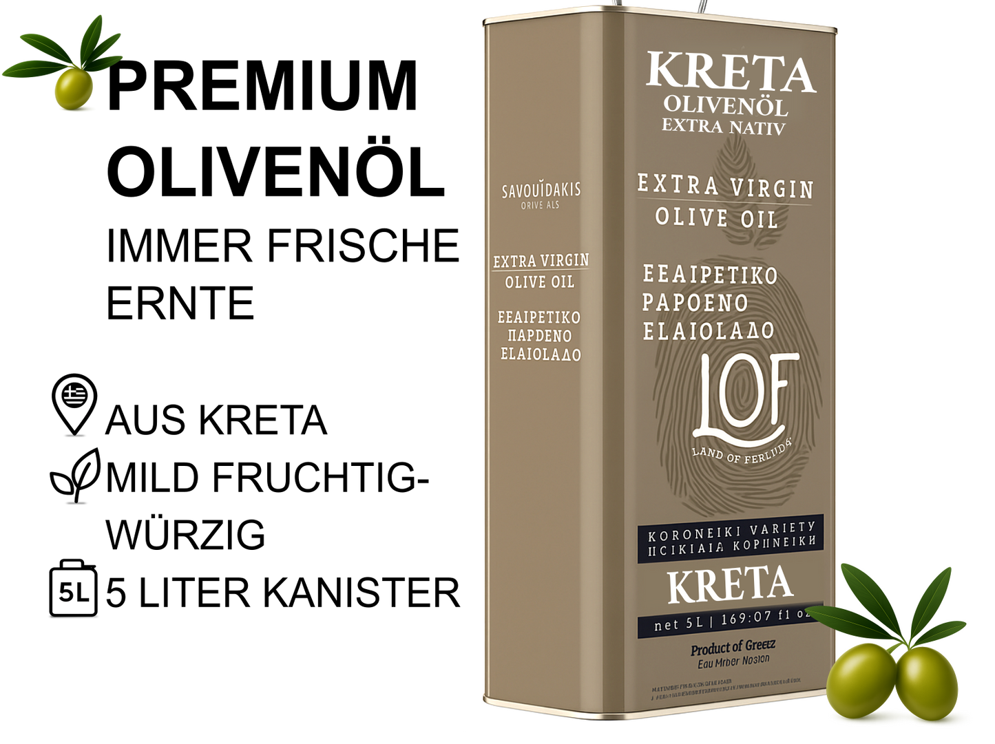 LOF Olivenöl 5L – 100 % Koroneiki – extra nativ aus Kreta – frische Ernte, griechisches Olivenöl