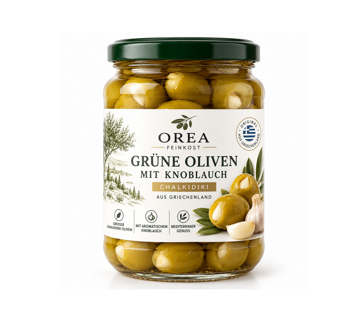 OREA Oliven-Auswahl – Grüne Chalkidiki Oliven mit Knoblauch aus Griechenland | 342 g
