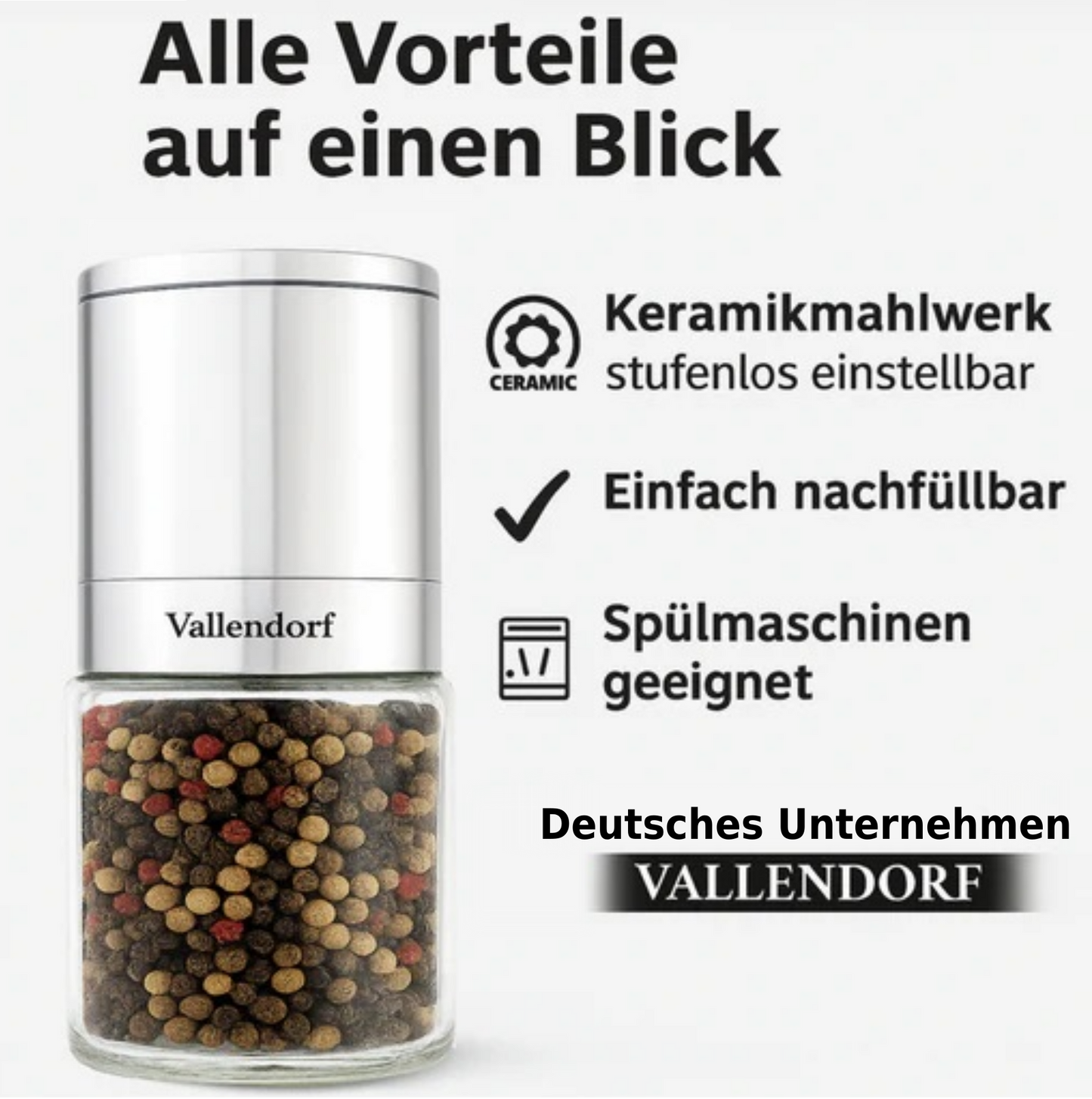 Vallendorf -Salz- & Pfeffermühle im Set – 2in1 Edelstahl Gewürzmühlen mit Keramikmahlwerk, stufenlos & nachfüllbar – Hochwertiges Geschenk