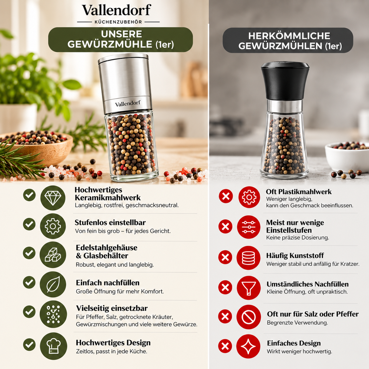 Vallendorf -Salz- & Pfeffermühle im Set – 2in1 Edelstahl Gewürzmühlen mit Keramikmahlwerk, stufenlos & nachfüllbar – Hochwertiges Geschenk