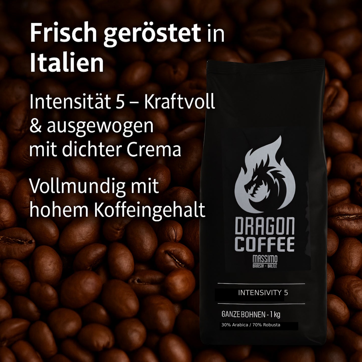 Dragon Coffee Barista – Kaffeebohnen 1kg – Italienische Röstung, kräftig & vollmundig, Kaffee ganze Bohnen mit hohem Koffeingehalt