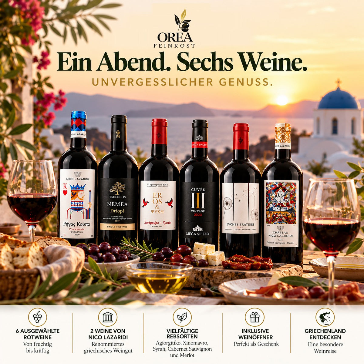 Griechisches Rotwein-Tasting Set – 6 Premium-Rotweine aus Griechenland | 6 × 750 ml mit Weinöffner