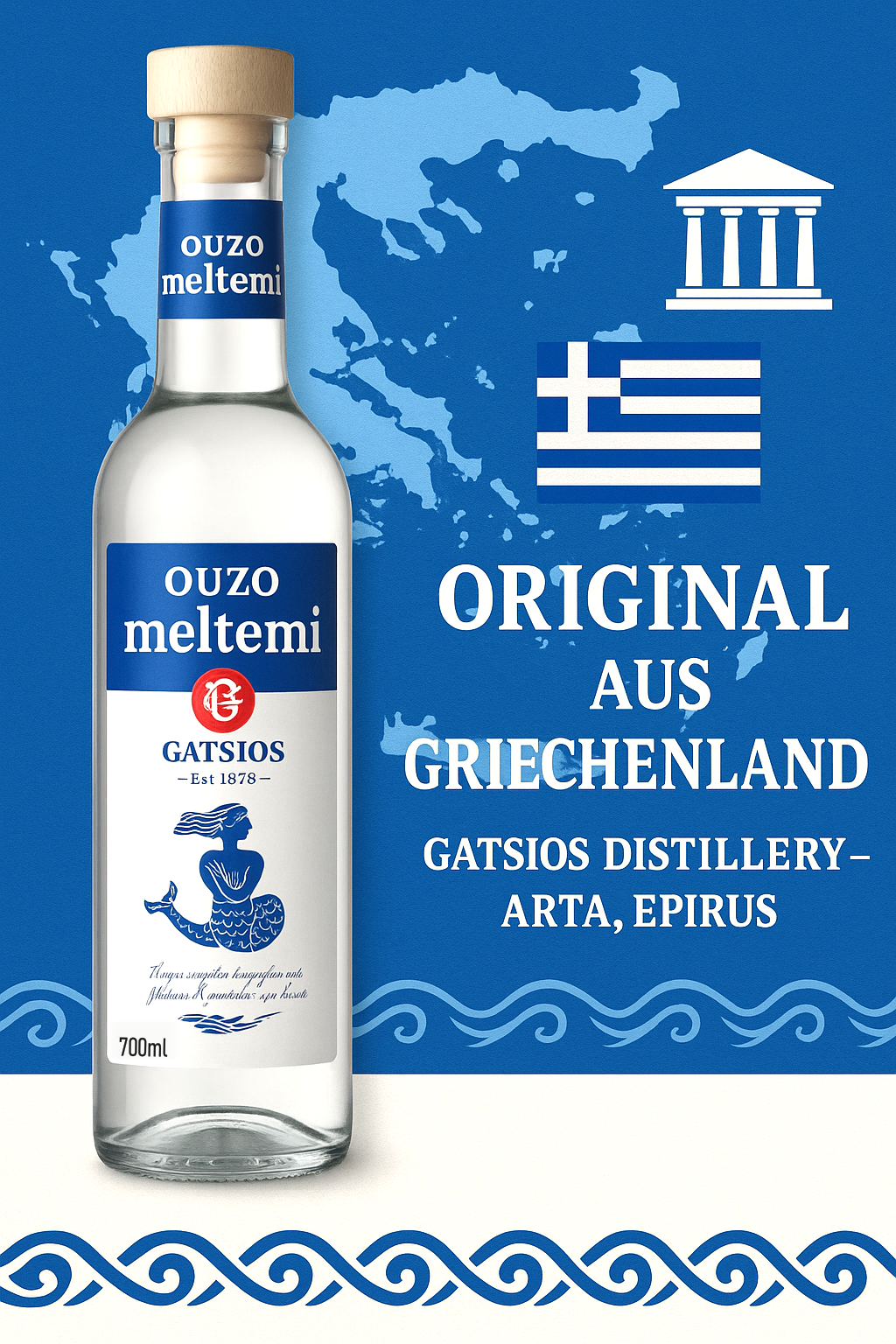 Ouzo Meltemi Gatsios 700ml + Geschenkbox + Ouzo Glas (2x Box)