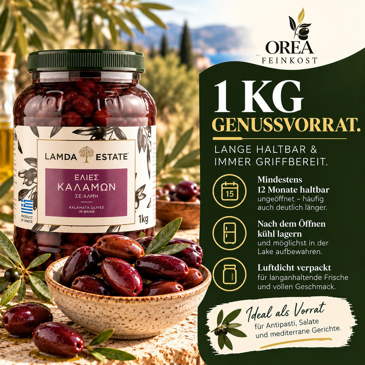 Lamda Estate - Kalamata schwarze griechische Oliven Jumbo (1Kg)