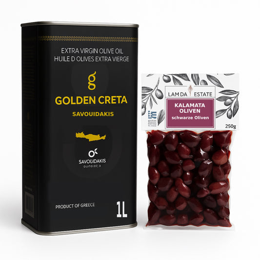 Kreta Olivenöl 1L + Kalamata Oliven 250g gratis | Probierset für Griechischen Bauernsalat | Extra Nativ, Kaltgepresst