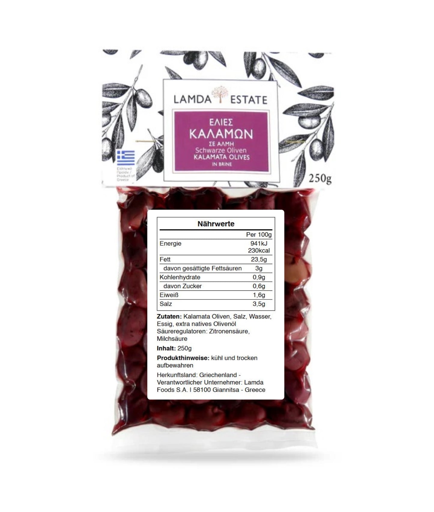 Griechische Kalamata-Oliven in Salzlake 250 g – Lamda Estate