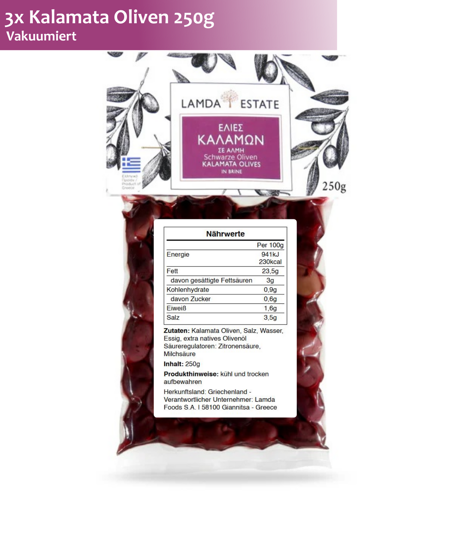 Lamda Estate - griechische Kalamata Oliven 3x 250g (750g)