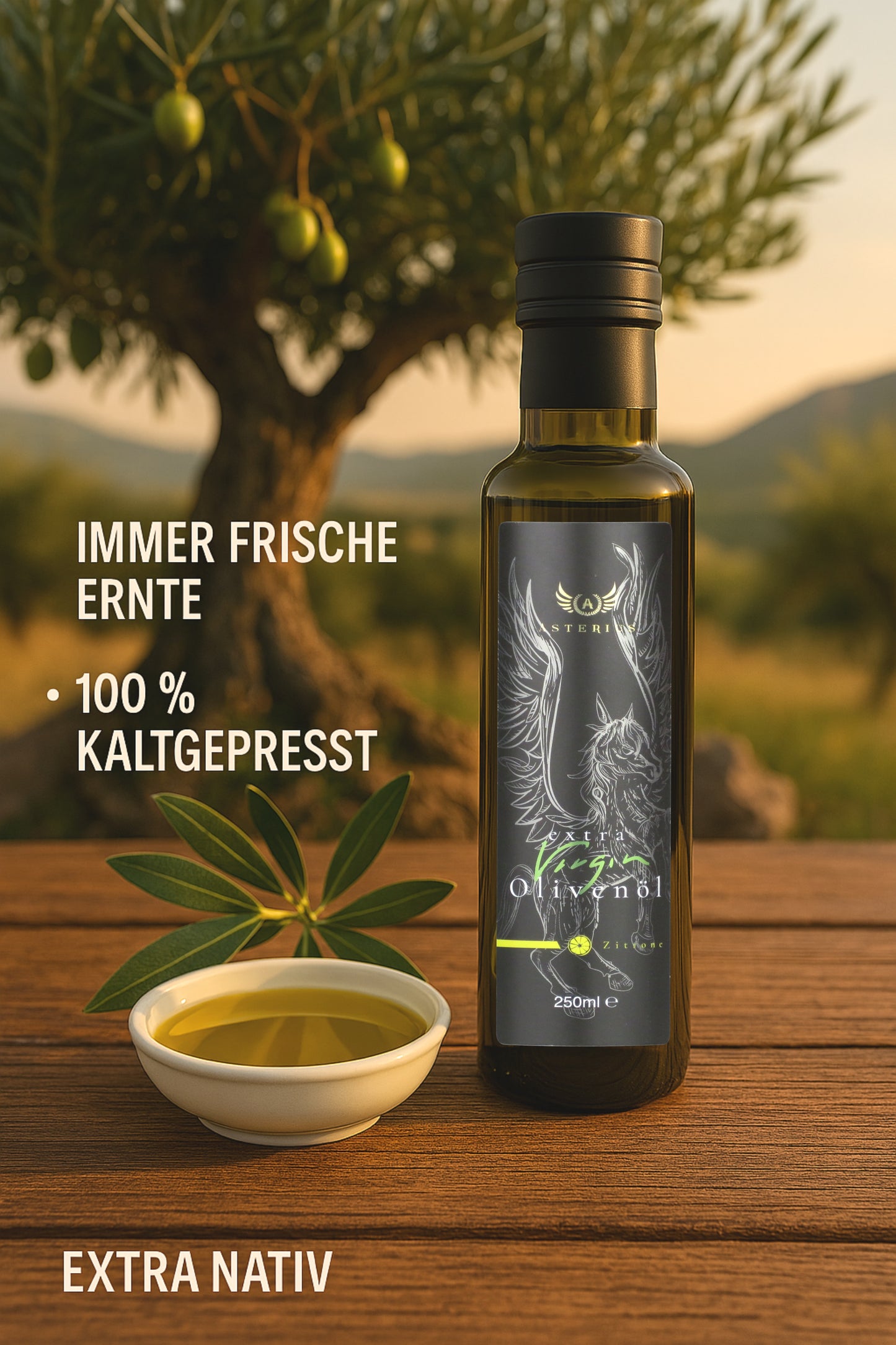 Olivenöl mit Zitrone – Asterius, Premium Würzöl, 250 ml Glasflasche