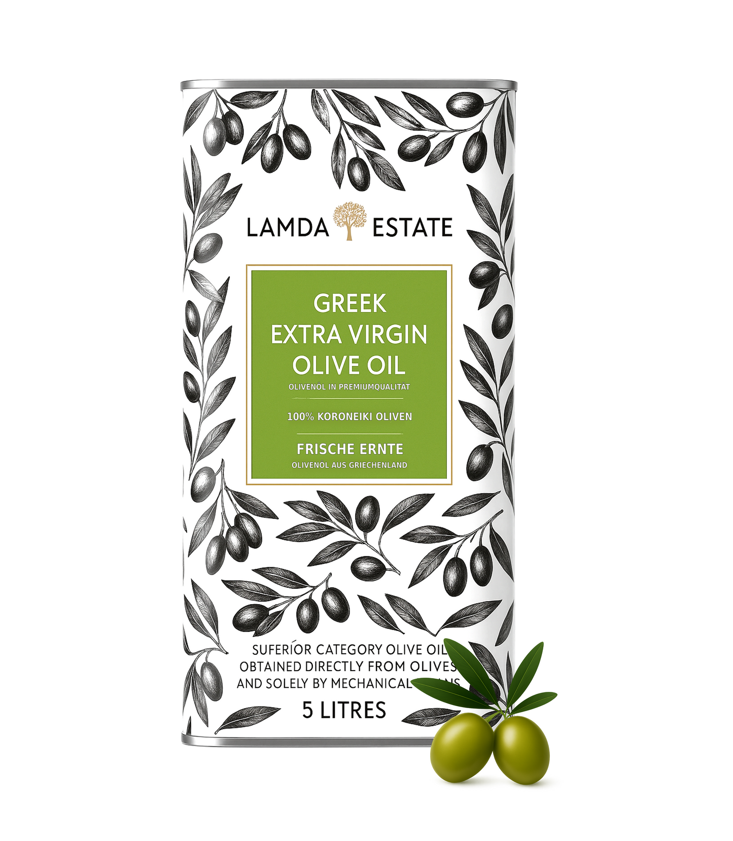 Lamda Estate Griechisches Olivenöl 5 L – Extra Nativ – 100 % Koroneiki – Kaltgepresst aus dem Peloponnes