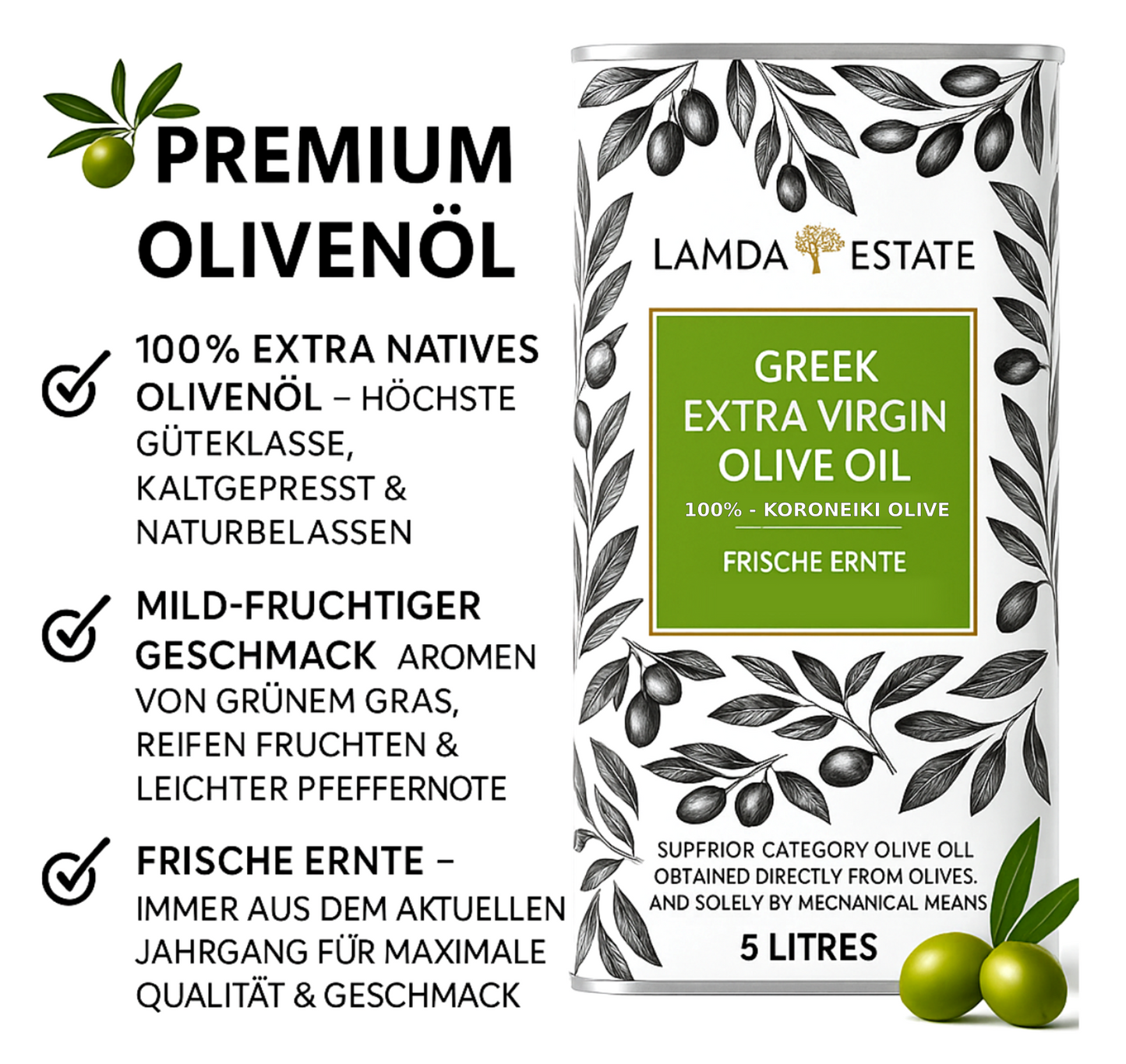 Lamda Estate Griechisches Olivenöl 5 L – Extra Nativ – 100 % Koroneiki – Kaltgepresst aus dem Peloponnes