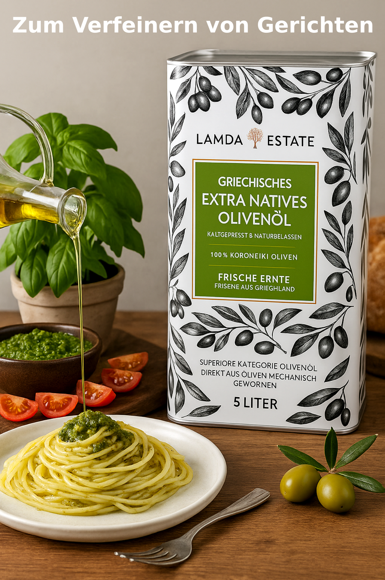 Lamda Estate Griechisches Olivenöl 5 L – Extra Nativ – 100 % Koroneiki – Kaltgepresst aus dem Peloponnes