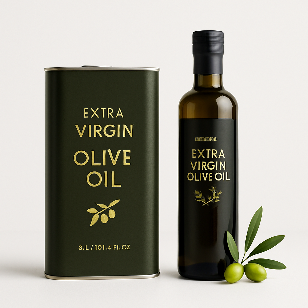Olivenöl in einer dunklen Glasflasche neben einem grünen 3L-Kanister mit der Aufschrift Extra Virgin Olive Oil.