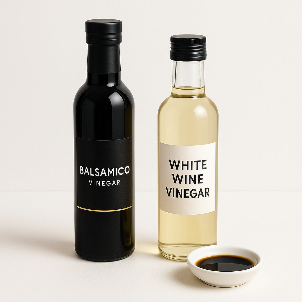 Zwei Flaschen Essig – dunkler Balsamico und heller Weißweinessig mit kleiner Schale – griechischer Balsamico & Essig