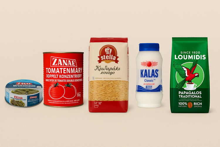 Mehrere griechische Lebensmittelprodukte, darunter Zanae Weinblätterdose, Zanae Tomatenmark, Stella Kritharaki Nudeln, Kalas Meersalz und Loumidis Kaffeepackung, nebeneinander angeordnet.