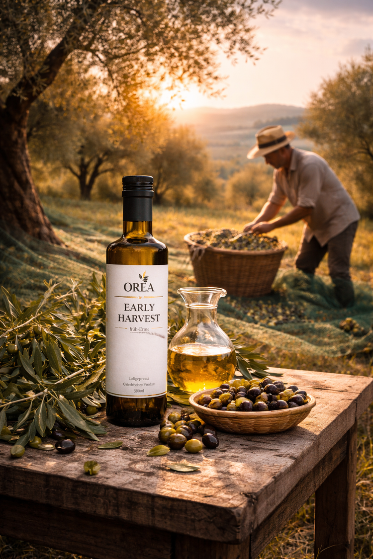 OREA Early Harvest Olivenöl vor Olivenhainen auf Kreta bei Sonnenuntergang mit Erntearbeiter im Hintergrund
