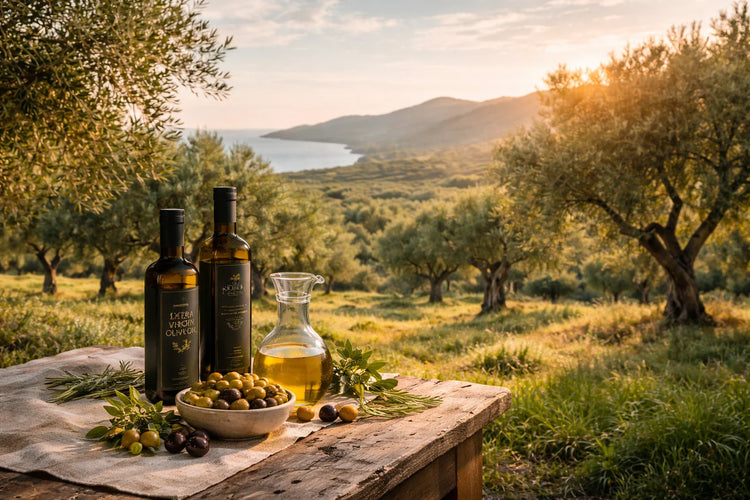 Flaschen mit griechischem Olivenöl auf Holztisch vor Olivenhain bei Sonnenuntergang