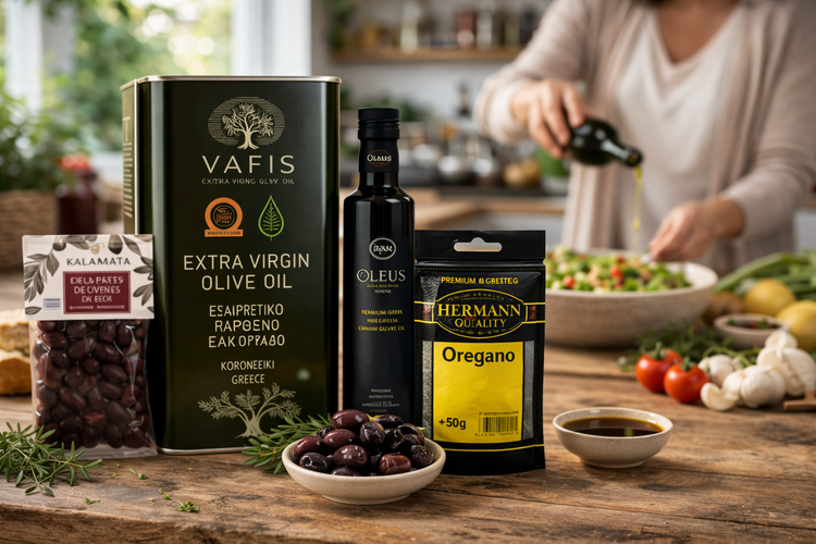 Großgebinde natives Olivenöl extra (5 Liter) mit Oliven, Balsamico und Oregano in einer Küche.