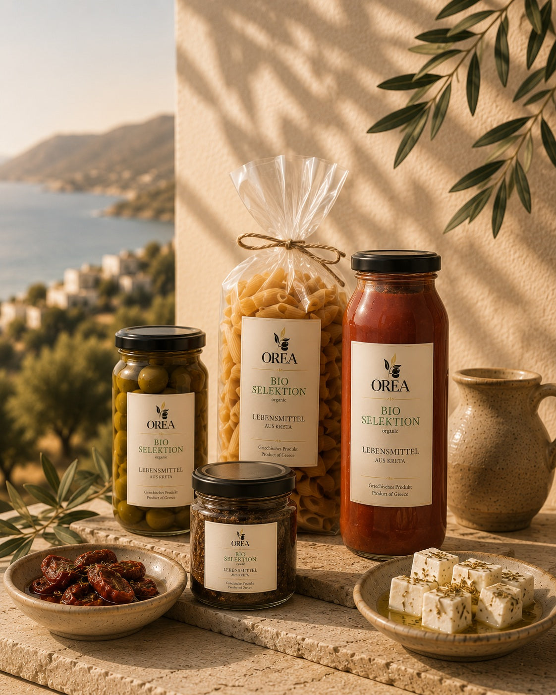 Griechische Feinkost und Lebensmittel von OREA in mediterraner Präsentation mit Pasta, Tomatensauce und Olivenöl.