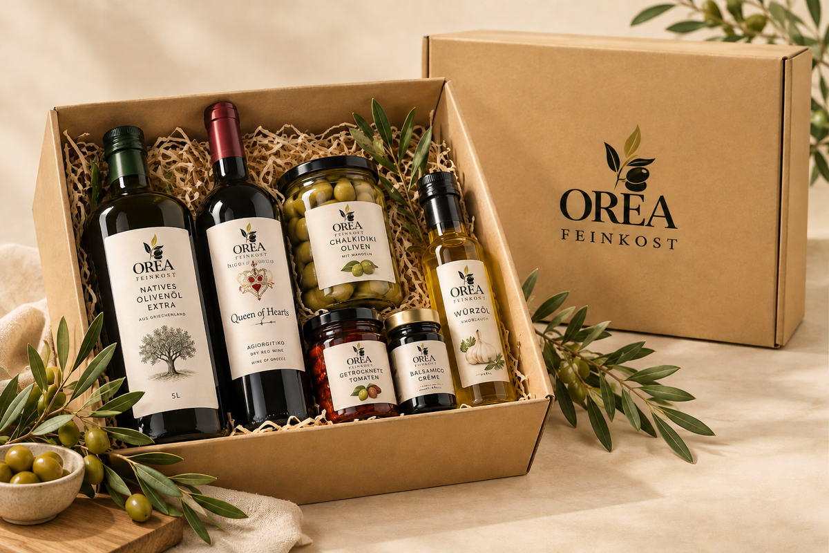 OREA Feinkost Geschenkkorb mit griechischem Olivenöl, Wein, Oliven und mediterranen Spezialitäten in hochwertiger Geschenkbox.  