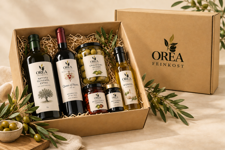OREA Feinkost Geschenkkorb mit griechischem Olivenöl, Wein, Oliven und mediterranen Spezialitäten in hochwertiger Geschenkbox.  