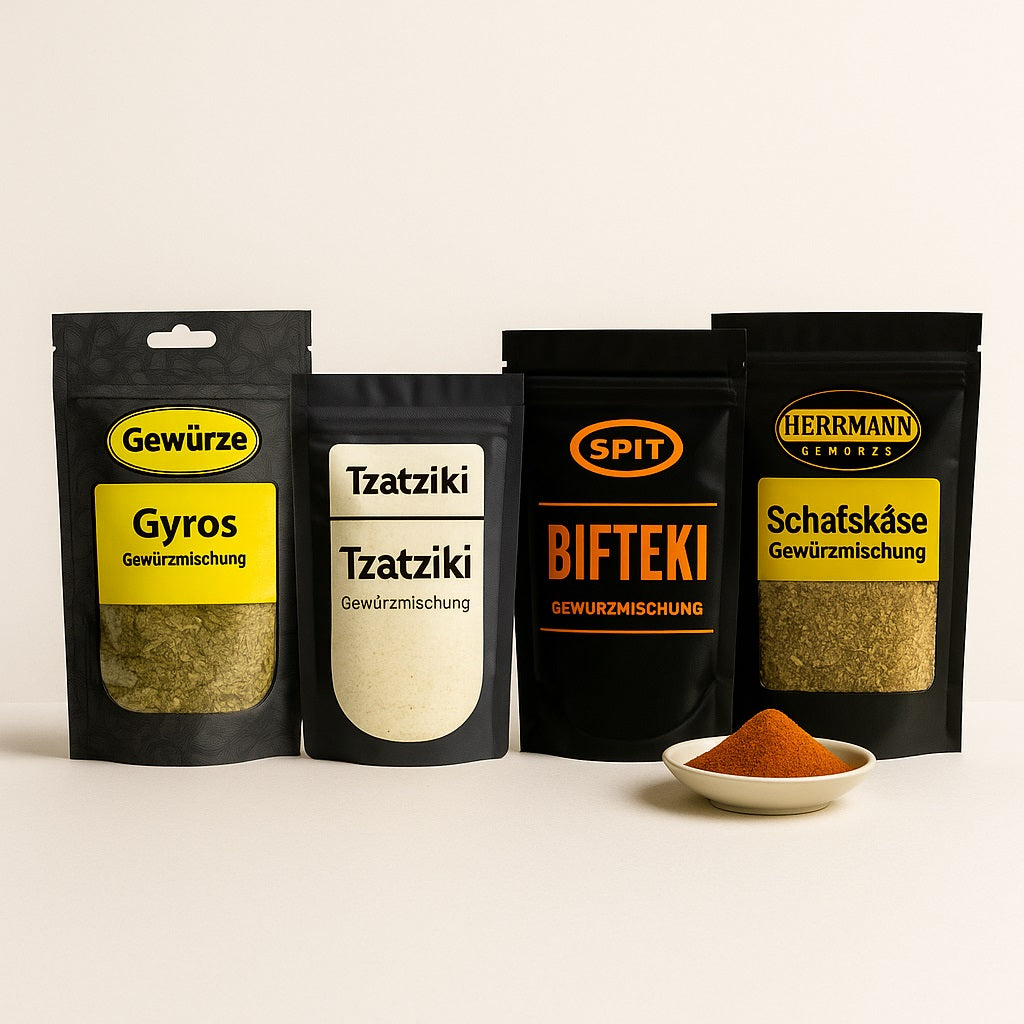 Vier Gewürzpackungen aus Griechenland (Gyros, Tzatziki, Bifteki, Schafskäse) mit einer kleinen Schale Paprikapulver davor.