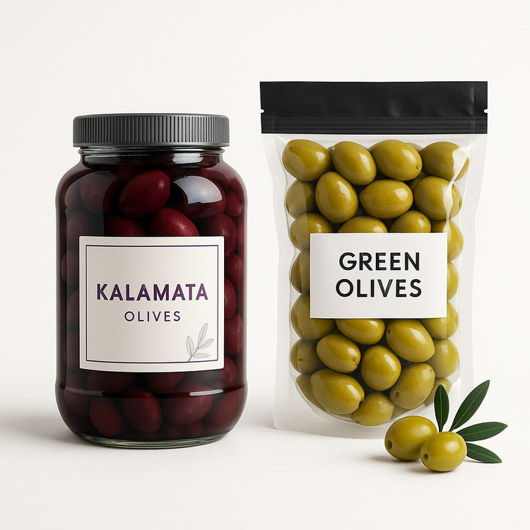 Glas mit Kalamata-Oliven neben Beutel mit grünen Oliven, Produktfoto für Oliven & Eingelegtes.