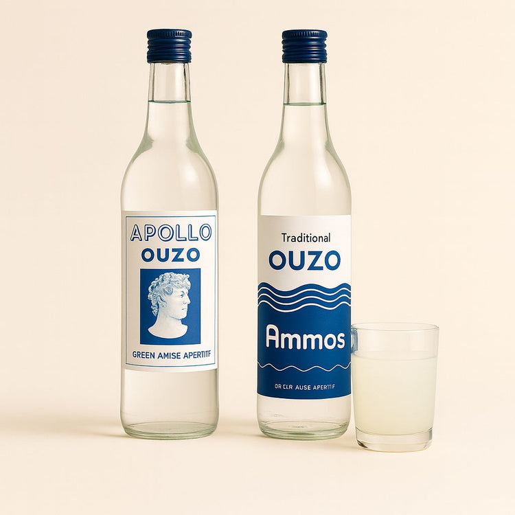 Zwei Flaschen griechischer Ouzo, Marke Apollo und Ammos, daneben ein Glas.
