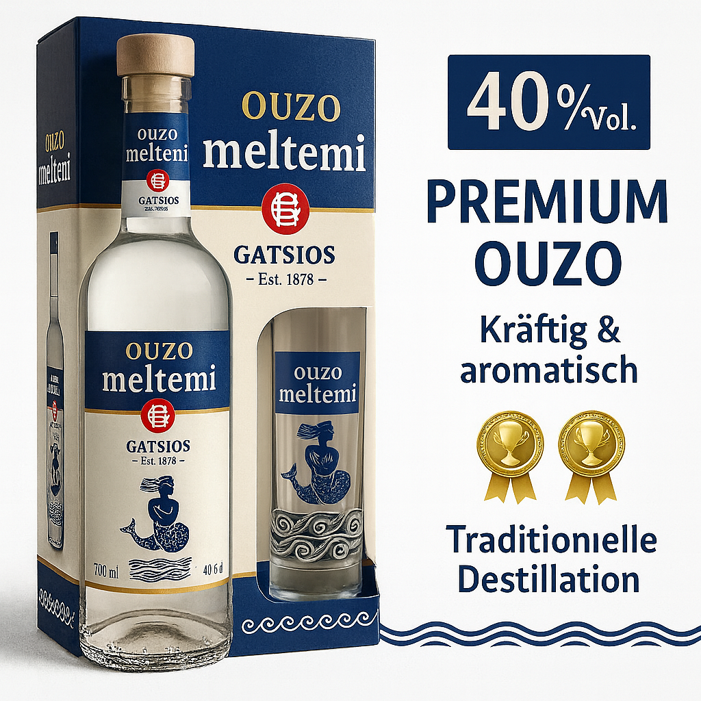 Ouzo Meltemi Gatsios 700ml + Geschenkbox + Ouzo Glas (2x Box)