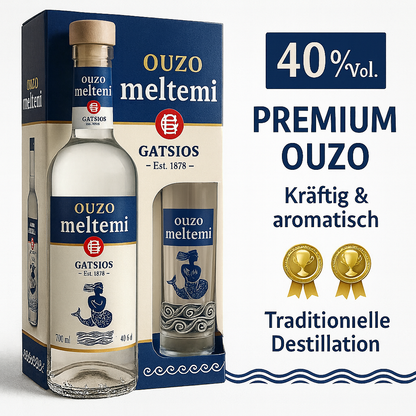 Ouzo Meltemi Gatsios 700ml + Geschenkbox + Ouzo Glas (2x Box)