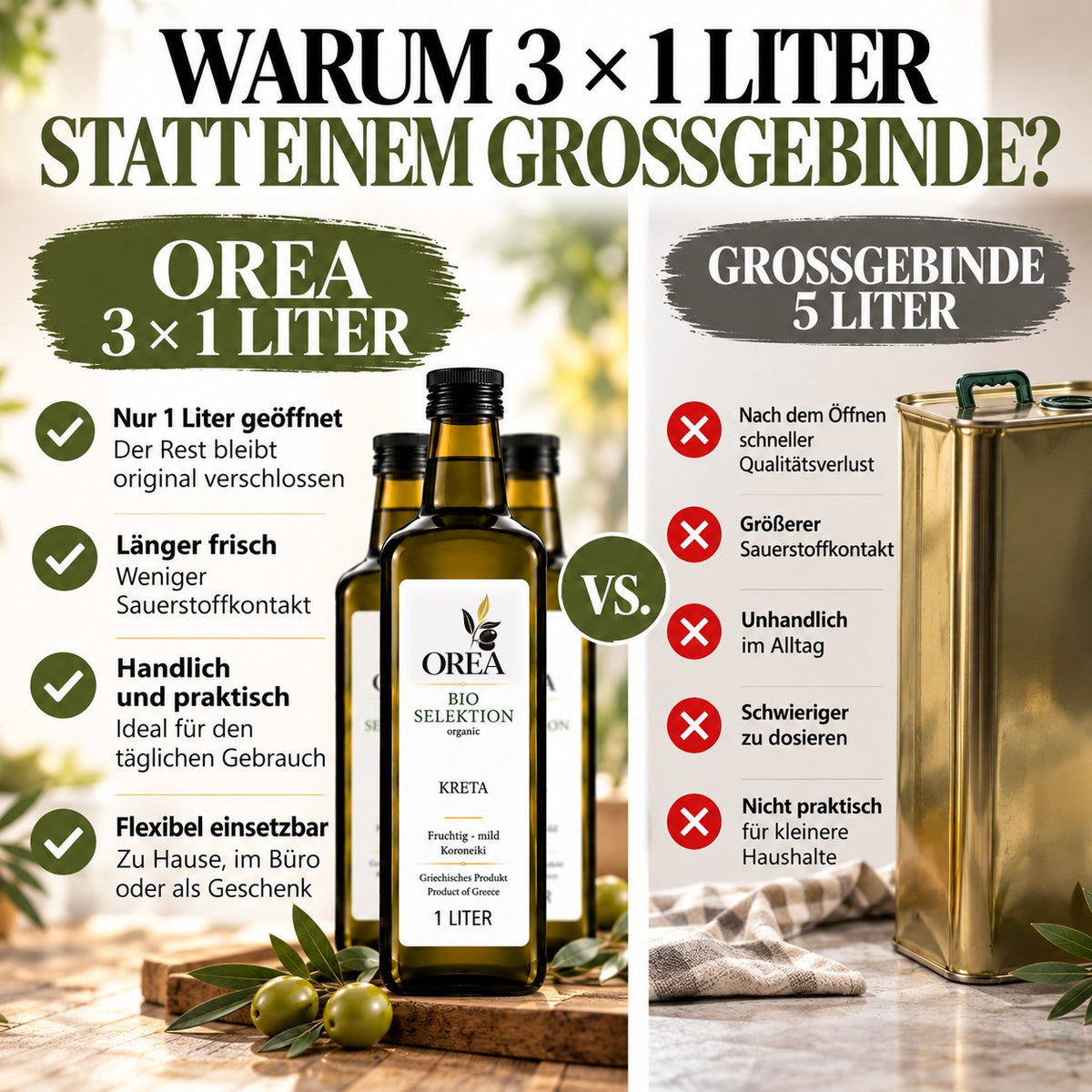OREA Bio Olivenöl Extra Nativ aus Kreta – 3×1L (Ernte 2025/26) inkl. dunklem Balsamico Essig