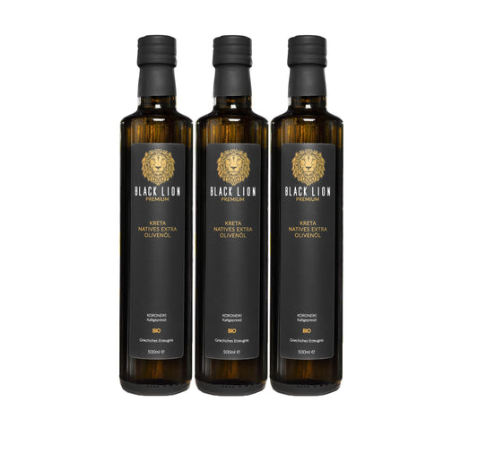 SPECIAL AKTION - frisches Olivenöl, Black Lion Kreta Bio griechisches Olivenöl extra nativ 3x500ml (Vorbestellung)
