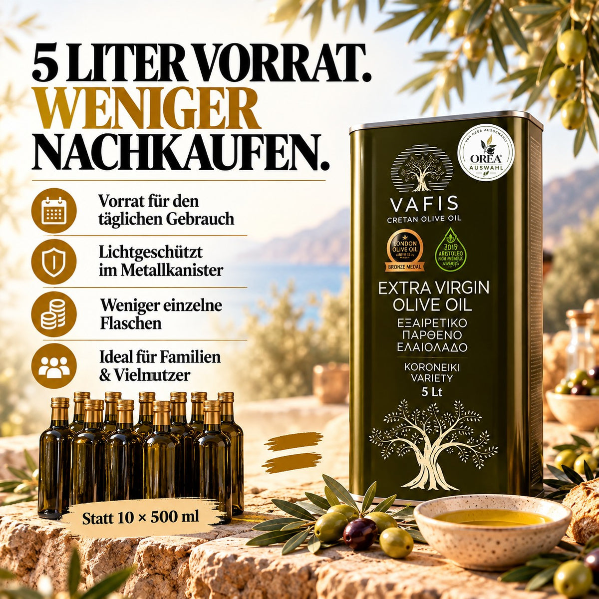 OREA Auswahl – Griechisches Olivenöl 5L – Dellenkanister / 2. Wahl – Extra Nativ | VAFIS