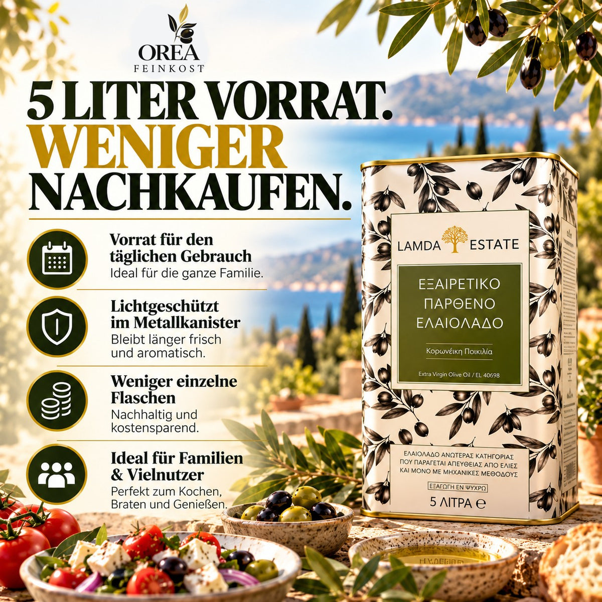 Lamda Estate Griechisches Olivenöl 5 L – Extra Nativ – 100 % Koroneiki – Kaltgepresst aus dem Peloponnes