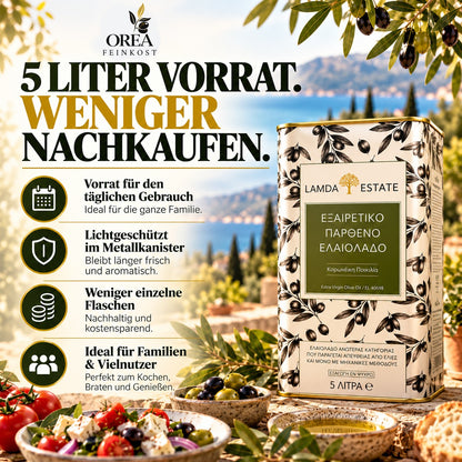 Lamda Estate Griechisches Olivenöl 5 L – Extra Nativ – 100 % Koroneiki – Kaltgepresst aus dem Peloponnes