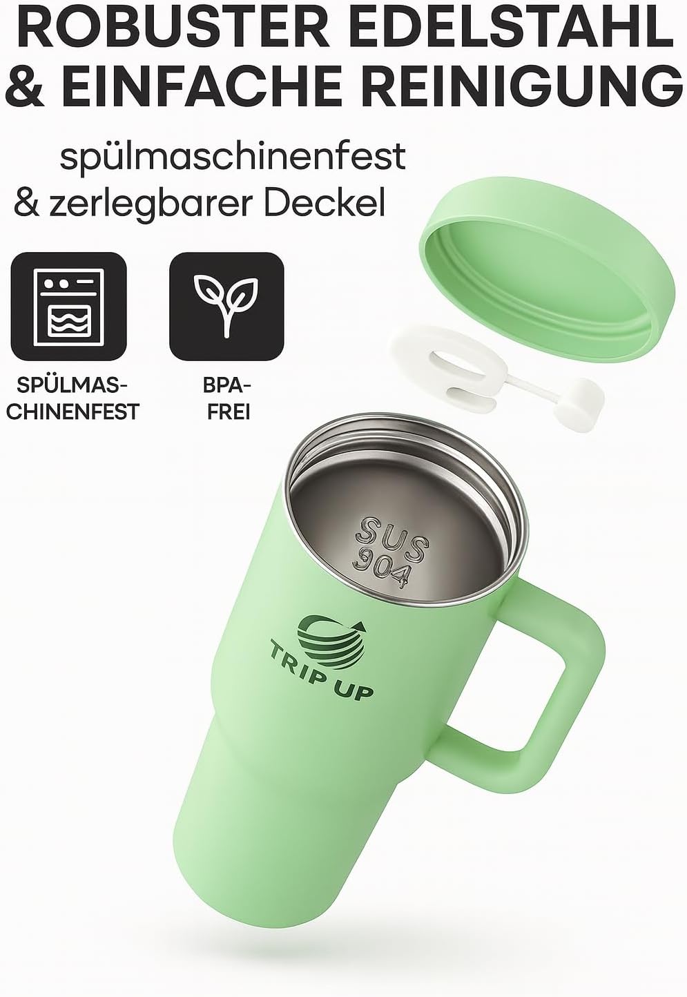 Trip Up Thermobecher Edelstahl, BPA-frei, Spülmaschinenfest, Auslaufsicher 40oz (Zeta Green)