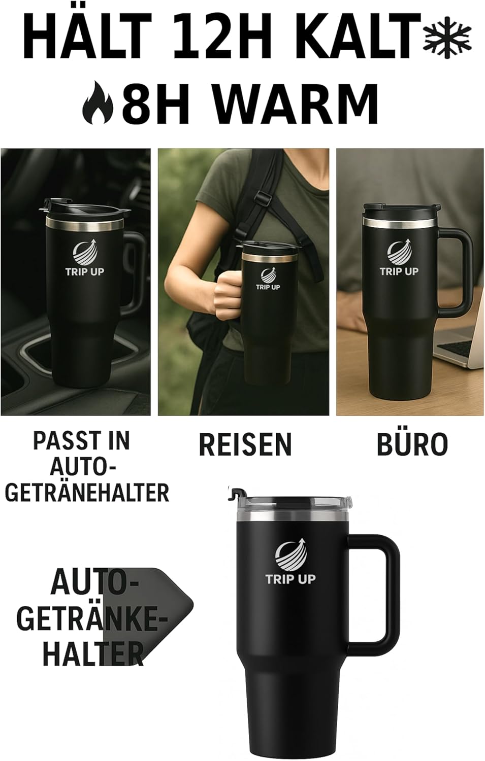Trip Up Thermobecher Edelstahl, BPA-frei, Spülmaschinenfest, Auslaufsicher 40oz (Jet Black)