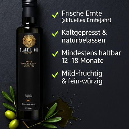 Black Lion Premium Genuss-Set – 4 × 500 ml Olivenöl + 500 ml Squeeze-Flasche | 5er-Set (2,5 L)