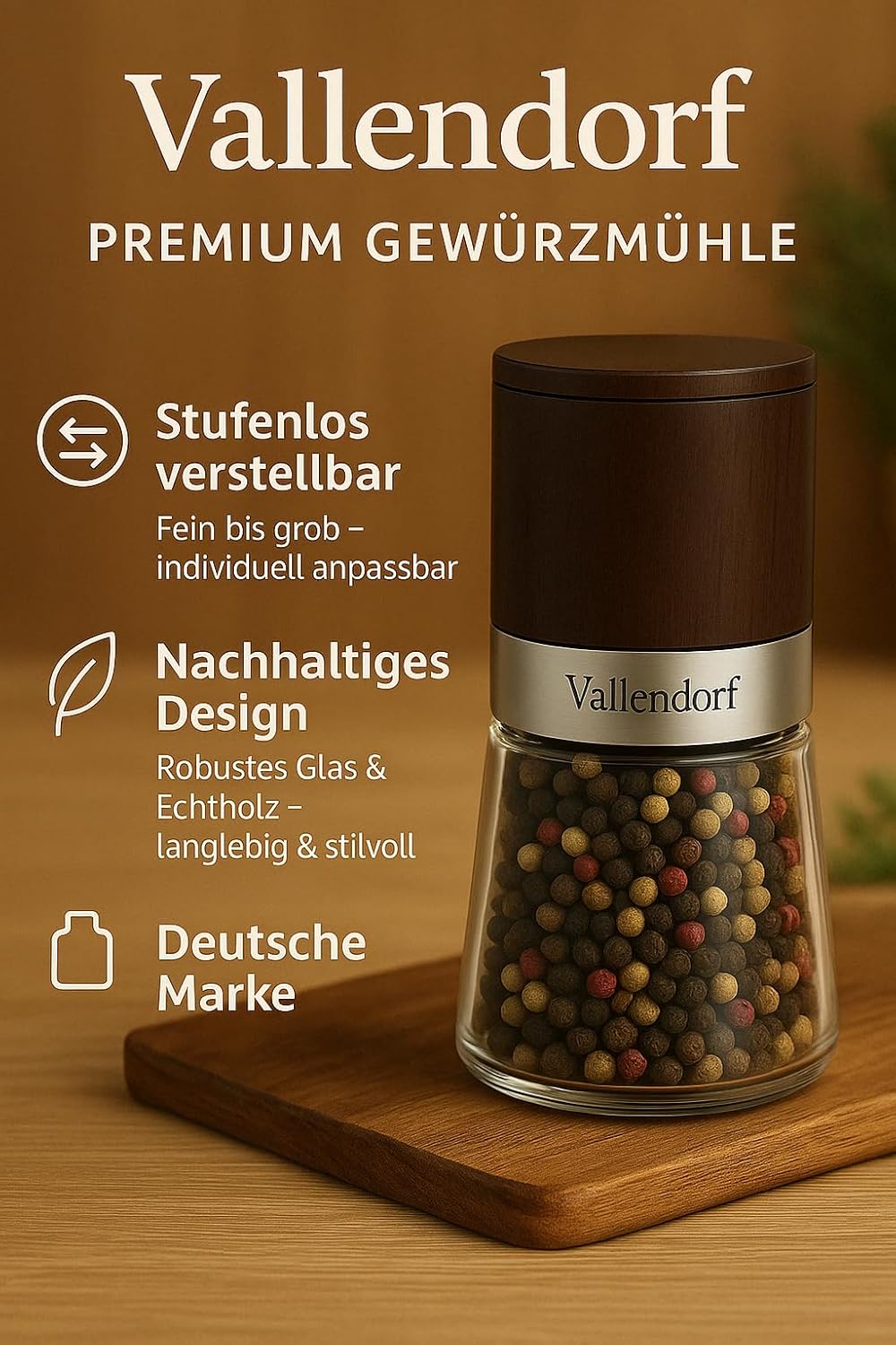 Vallendorf Gewürzmühlen-Set, Pfeffermühle & Salzmühle, 2-teilig, Edelstahl Holzoptik (ohne Inhalt)